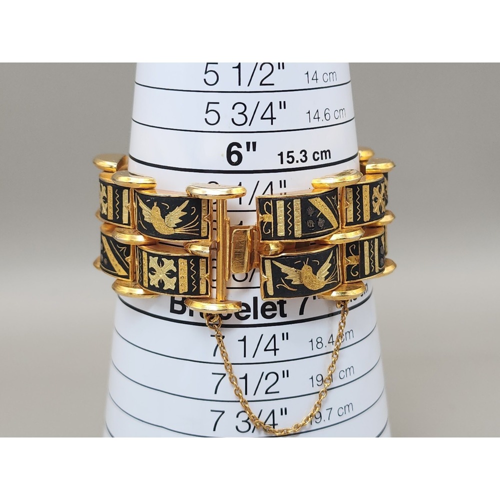 1 Inch Wide Damascene Gold Black Panel Link Bracelet Multi Row 6.5" Safety Bird - Picture 9 of 11